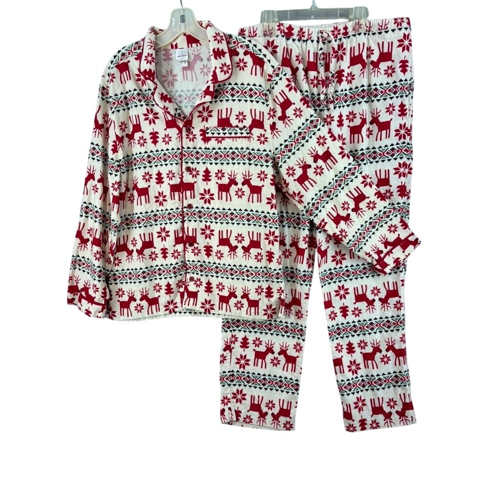 Hanna Andersson Pajama Set Mens Sz M Red Fair Isle Reindeer Flannel 100% Cotton